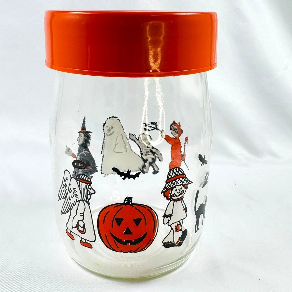 Vintage Carlton Glass Halloween 1L Canister Jar Orange Lid Kids Costumes USA